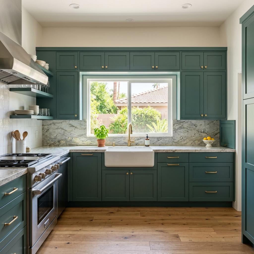 Honey oak kitchen, refinished in deep green after