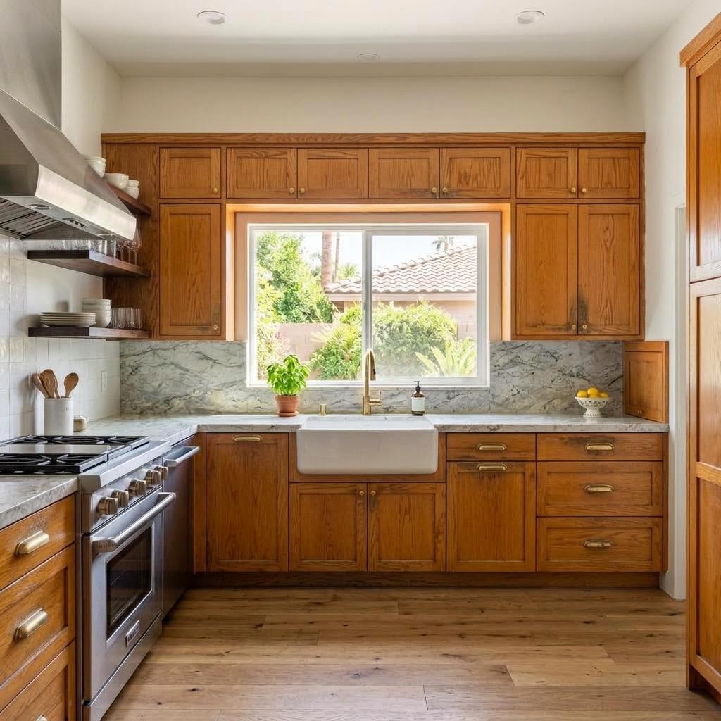 Honey oak kitchen, refinished in deep green before